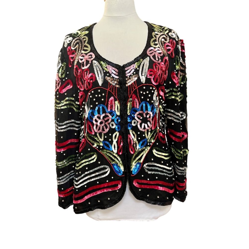 Sequin Long Sleeve Womens Top / Jacket Floral Multicolor 80's Size 10 / 12